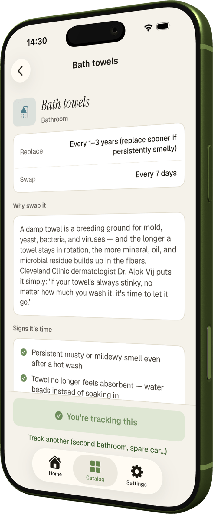 A SwapKeep item detail: why to swap bath towels, the signs it's time, and a cited source-confidence score.
