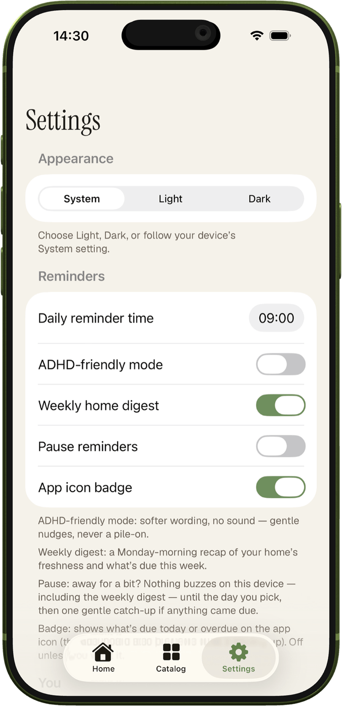SwapKeep settings, including reminder timing and home details used to tune intervals.