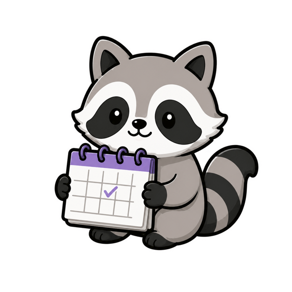 Rocky, the SwapKeep raccoon, holding a calendar.