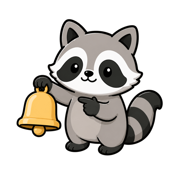 Rocky, the SwapKeep raccoon, with a reminder bell.