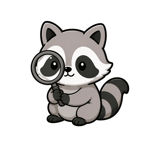 Rocky, the SwapKeep raccoon, inspecting an item with a magnifying glass.